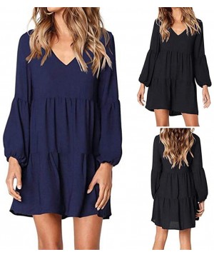 Dresses for Women Casual Fall Women Summer Tunic Dress V Neck 3/4 Sleeve Casual Loose Flowy Swing Shift Dresses Z3 blue - CE1...