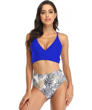 Women's Strap Push Up High Waisted Cut Out Bandage Bikini Swimsuit Bathing Suits - Dark Blue Leaf - CZ190YXXROD $29.41-Sets