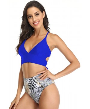 Women's Strap Push Up High Waisted Cut Out Bandage Bikini Swimsuit Bathing Suits - Dark Blue Leaf - CZ190YXXROD $29.41-Sets