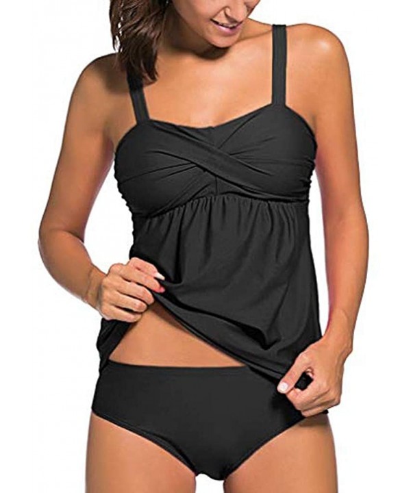 Women Tankini Sets Ladies Push-Up Padded Bra Bikini Set Swimwear with Boy Shorts - Black - CZ18O7E8XGQ $20.18-Tankinis