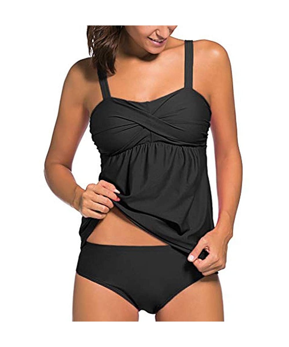 Women Tankini Sets Ladies Push-Up Padded Bra Bikini Set Swimwear with Boy Shorts - Black - CZ18O7E8XGQ $20.18-Tankinis