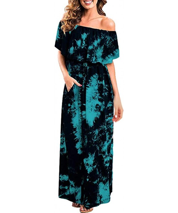 Women's Summer Off Shoulder Split Maxi Dress Short Sleeve Ruffle Tie Dye Casual Party Beach Long Dress Light Blue - C1199SKQU...