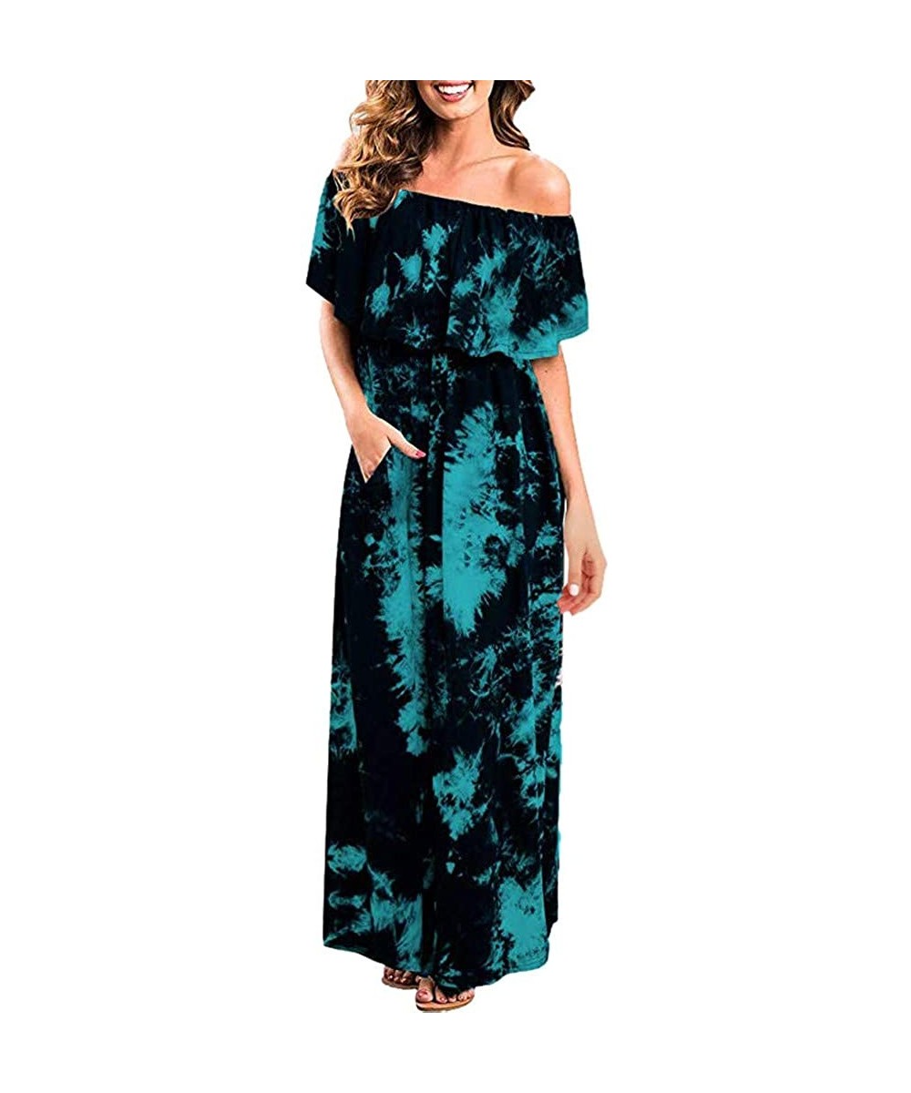 Women's Summer Off Shoulder Split Maxi Dress Short Sleeve Ruffle Tie Dye Casual Party Beach Long Dress Light Blue - C1199SKQU...