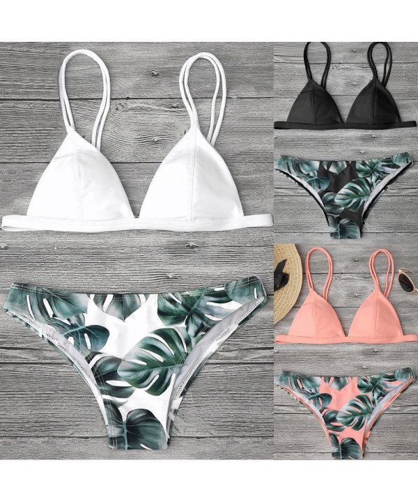 Swimsuit for Women Swimwear Bikini Set Print Leaves Push-Up Padded Bathing Swimsuit Beachwear - Pink - CH199SK77L3 $16.05-Sets