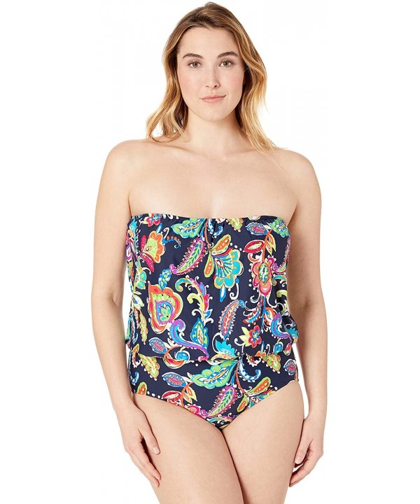 Women's Plus-Size Bandeau Blouson One Piece Swimsuit - Paisley Pom Navy - CK18K2IYDS6 $40.29-One-Pieces