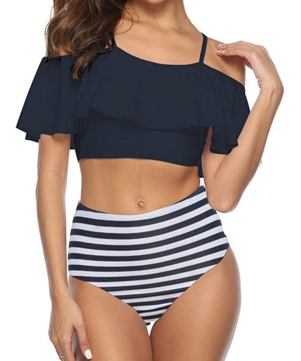 Women Two Piece Swimsuit Ruffle Top High Waist Halter Bikini Set - Style1 Black - CP18NUZWNZW $19.71-Sets