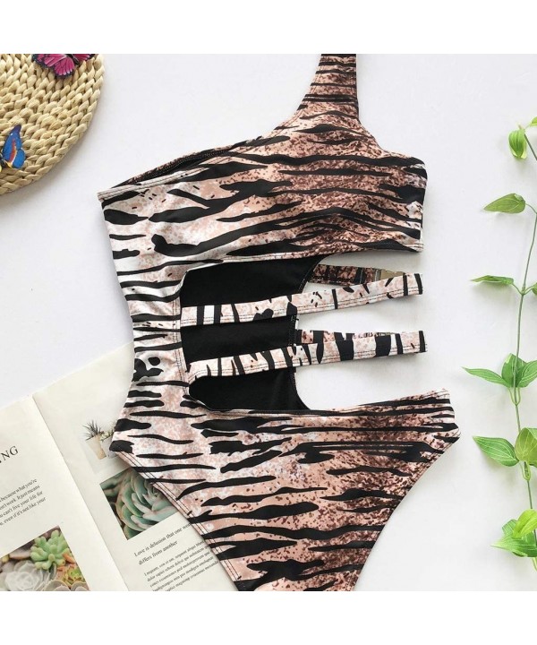 One Piece Swimsuit Women One Shoulder Hollow Leopard Tankini Swimwear High Waist One Piece Women Swimsuit OE2020-3 - Brown - ...