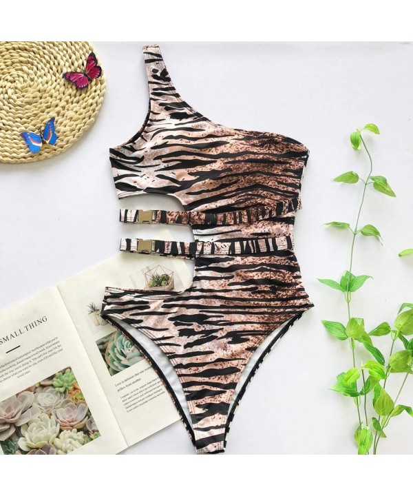 One Piece Swimsuit Women One Shoulder Hollow Leopard Tankini Swimwear High Waist One Piece Women Swimsuit OE2020-3 - Brown - ...