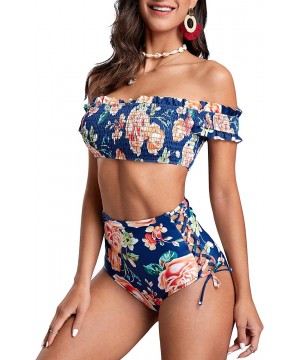 Womens Off Shoulder Two Piece Swimsuits High Waisted Floral Pleated Lace Up Bikini Set Beachwear - Navy - C2193QGAQ8T $16.47-...