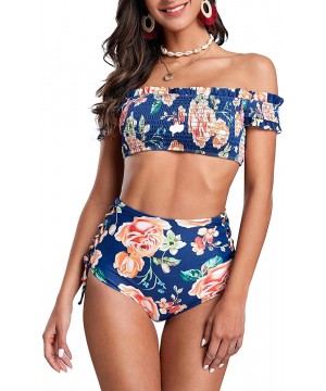 Womens Off Shoulder Two Piece Swimsuits High Waisted Floral Pleated Lace Up Bikini Set Beachwear - Navy - C2193QGAQ8T $16.47-...