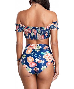 Womens Off Shoulder Two Piece Swimsuits High Waisted Floral Pleated Lace Up Bikini Set Beachwear - Navy - C2193QGAQ8T $16.47-...