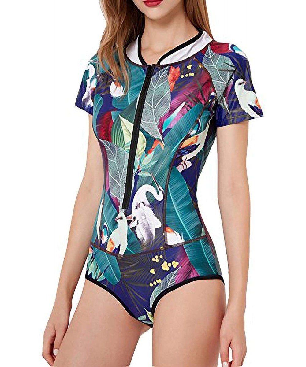 Women's Rashguard Half Sleeve One Piece Zip UV Protection Surfing Swimsuit Swimwear Bathing Suits Plant Flamingos - CT18SHGWQ...