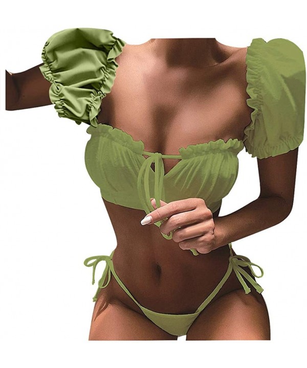 Bathing Suits for Women- Women's Sexy Puff Short Sleeve Filled Bra Bikini Cover Up Crop Top with Bottom - Green - CD1954G4A6C...