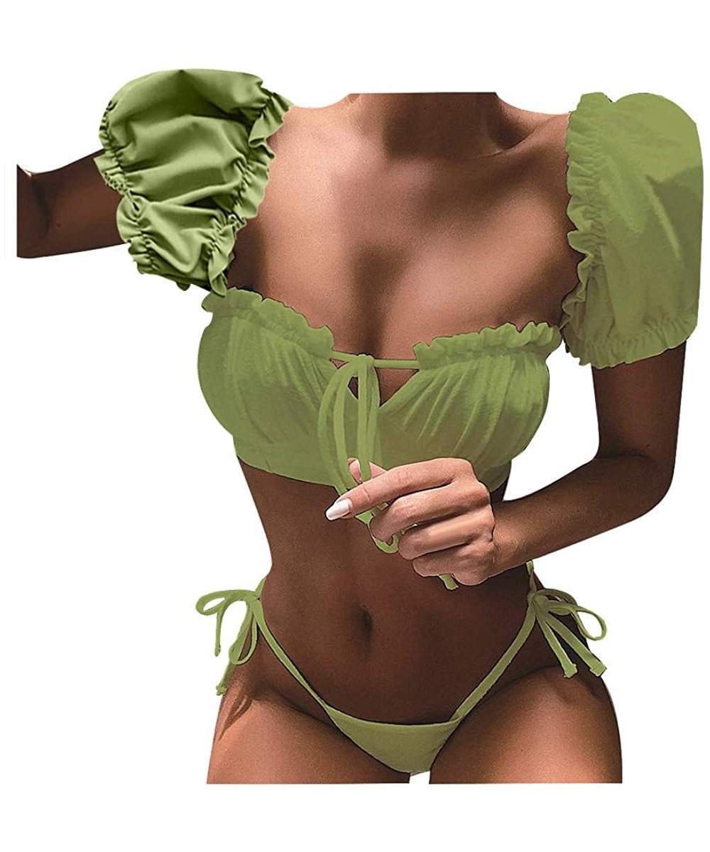 Bathing Suits for Women- Women's Sexy Puff Short Sleeve Filled Bra Bikini Cover Up Crop Top with Bottom - Green - CD1954G4A6C...