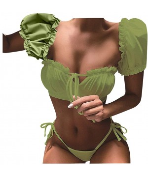 Bathing Suits for Women- Women's Sexy Puff Short Sleeve Filled Bra Bikini Cover Up Crop Top with Bottom - Green - CD1954G4A6C...