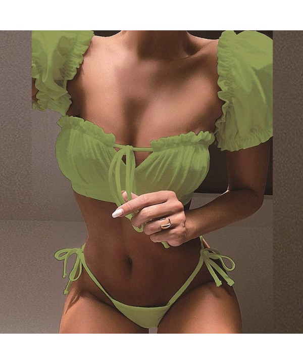 Bathing Suits for Women- Women's Sexy Puff Short Sleeve Filled Bra Bikini Cover Up Crop Top with Bottom - Green - CD1954G4A6C...