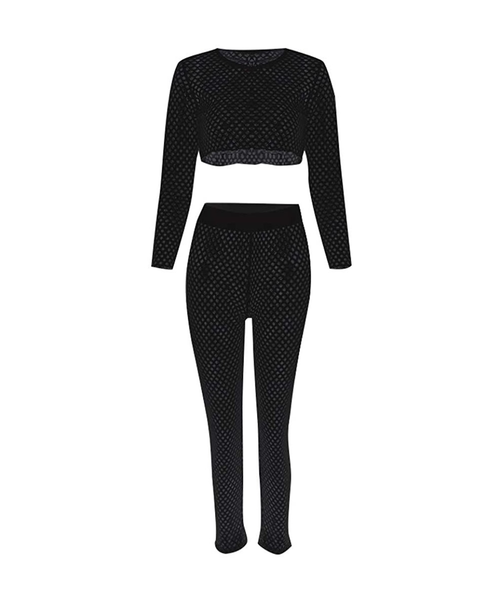 Women's Fishnet Hollow Out Beach Cover up Sets Long Sleeve Mesh Crop Top Knitted Long Pants Suits Bikini Swimwear Black - C81...