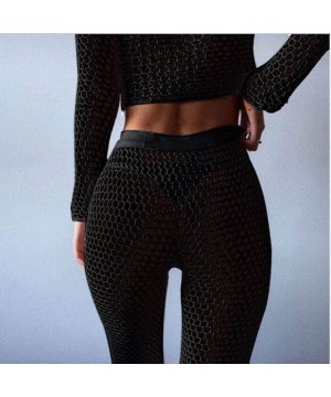 Women's Fishnet Hollow Out Beach Cover up Sets Long Sleeve Mesh Crop Top Knitted Long Pants Suits Bikini Swimwear Black - C81...