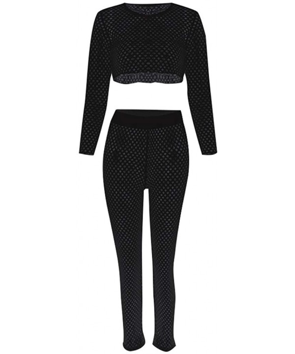 Women's Fishnet Hollow Out Beach Cover up Sets Long Sleeve Mesh Crop Top Knitted Long Pants Suits Bikini Swimwear Black - C81...