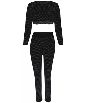 Women's Fishnet Hollow Out Beach Cover up Sets Long Sleeve Mesh Crop Top Knitted Long Pants Suits Bikini Swimwear Black - C81...