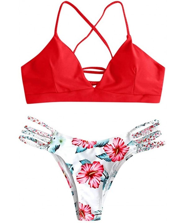 Women's Bikini Sets Cut Flower Two Piece Swimsuit Pushups Swimwear Beachwear - 3 - Red - CR196EM6LLX $14.25-Bottoms