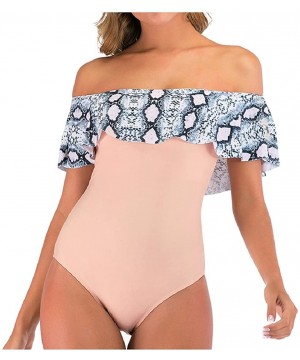 Women's Off Shoulder One Piece Swimsuit Ruffled Bathing Suits Print Bodycon Bodysuit Swimwear Beachwear - Pink - CR1968KNH22 ...