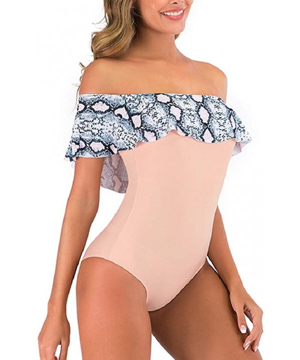 Women's Off Shoulder One Piece Swimsuit Ruffled Bathing Suits Print Bodycon Bodysuit Swimwear Beachwear - Pink - CR1968KNH22 ...