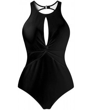 Women's High Neck Padded One Piece Swimsuits Monokini Plus Size Swimwear - Black - CX18C3SSSCA $29.27-One-Pieces