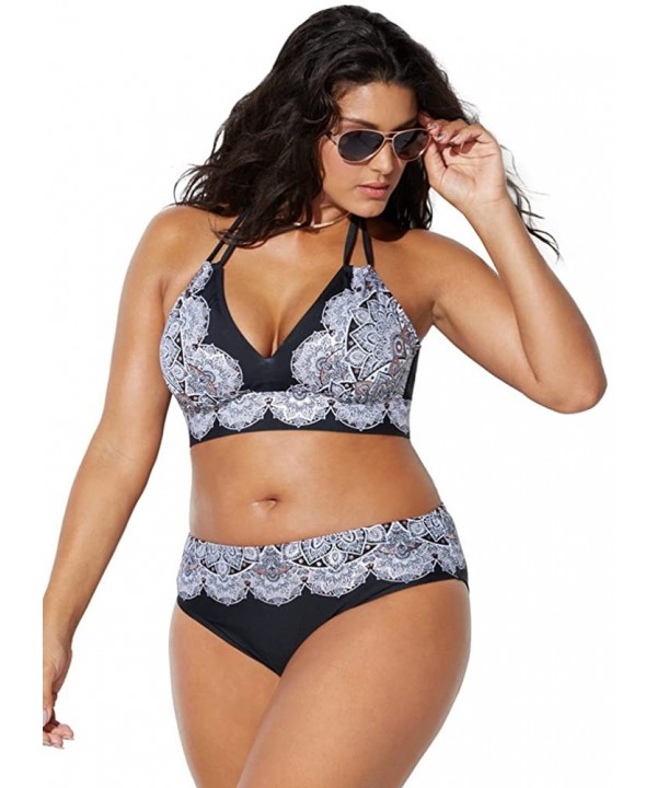 Swimsuits for All Women's Plus Size Avenger Halter Bikini Set - Black White Lace Print - CX18D477A8H $32.56-Sets