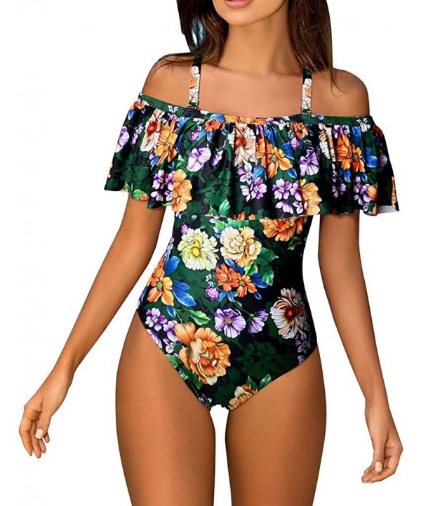 Sexy One Piece Printed Padded Push Up Off Shoulder Bikini Bathing Suits Monokini Beachwear Set - Green - CA1960DTIC6 $26.02-O...