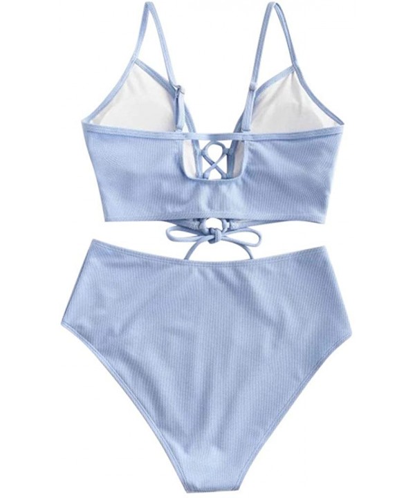 Swimsuit for Women Tummy Control Solid Cute Bikini Set Padded Lace Up Ruched Tankini High Waisted Bathing Suit Z05 blue - CA1...