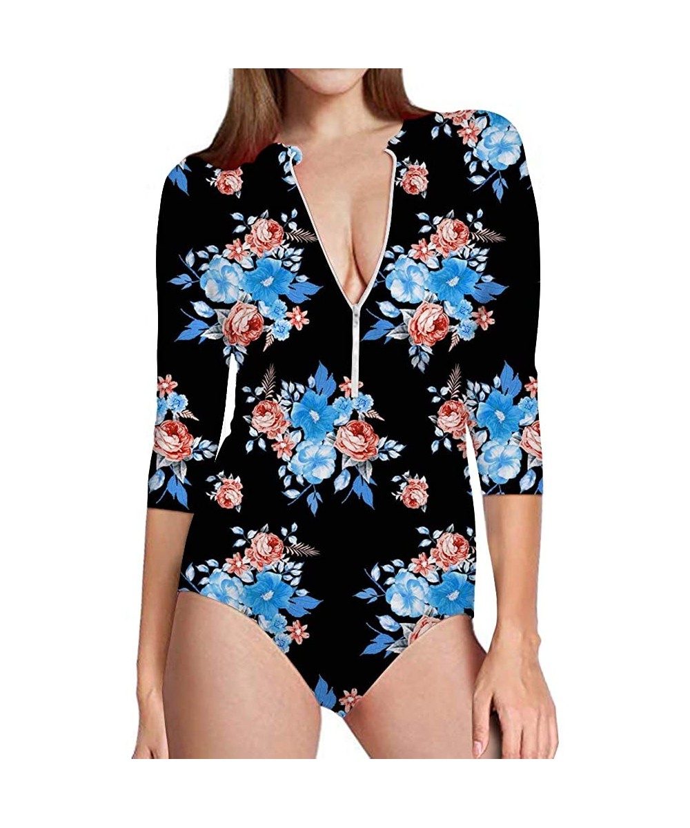 Summer One Piece Swimsuit 3/4 Sleeve Sun Protection Rash Guard for Women - Floral-2 - CX18R59LYNH $35.89-Rash Guards