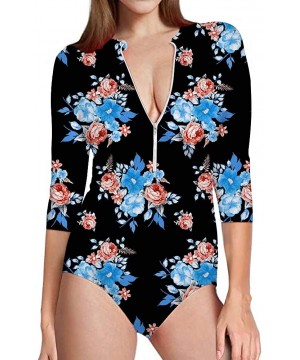 Summer One Piece Swimsuit 3/4 Sleeve Sun Protection Rash Guard for Women - Floral-2 - CX18R59LYNH $35.89-Rash Guards