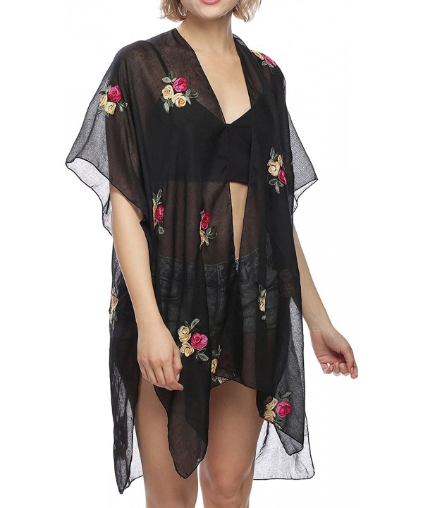 Women's Summer Open Front Kimono Cardigan Beach Cover Up Tops. - Rose-black - CN18CQKZ5MM $13.45-Cover-Ups