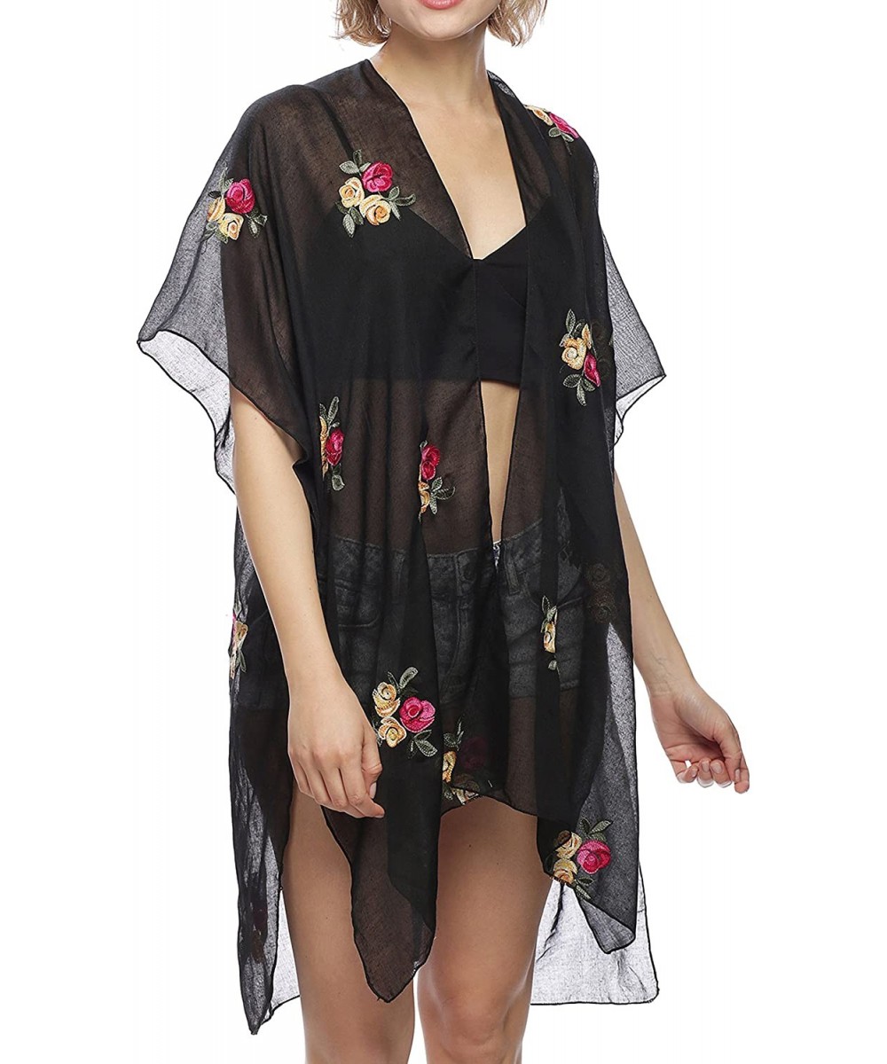 Women's Summer Open Front Kimono Cardigan Beach Cover Up Tops. - Rose-black - CN18CQKZ5MM $13.45-Cover-Ups