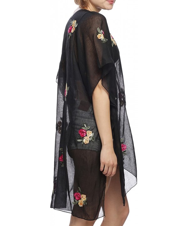 Women's Summer Open Front Kimono Cardigan Beach Cover Up Tops. - Rose-black - CN18CQKZ5MM $13.45-Cover-Ups