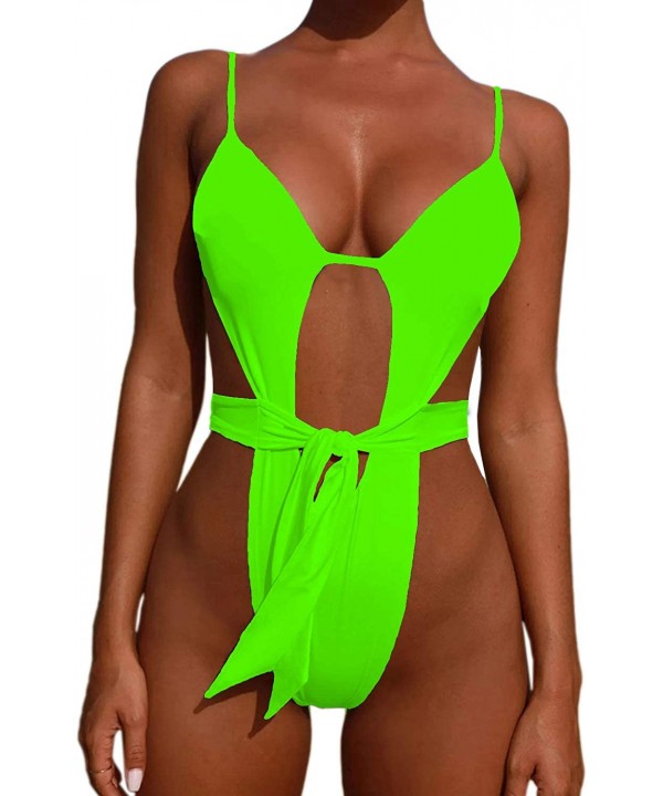 Women's Backless Spaghetti Strap High Cut Thong One-Piece Swimsuit Monokini - A-green - C6192A62ZMG $24.12-One-Pieces