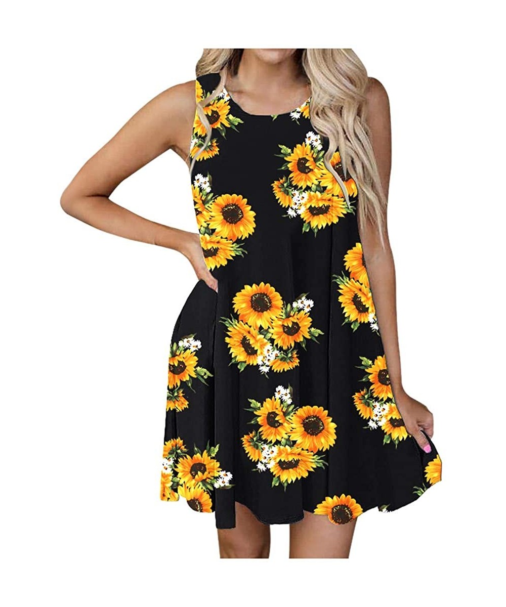 Women's Summer Casual T Shirt Sundress Floral Print Beach Cover Up Plain Pleated Tank Swing Dress - Orange - CO190EL4NAD $20....