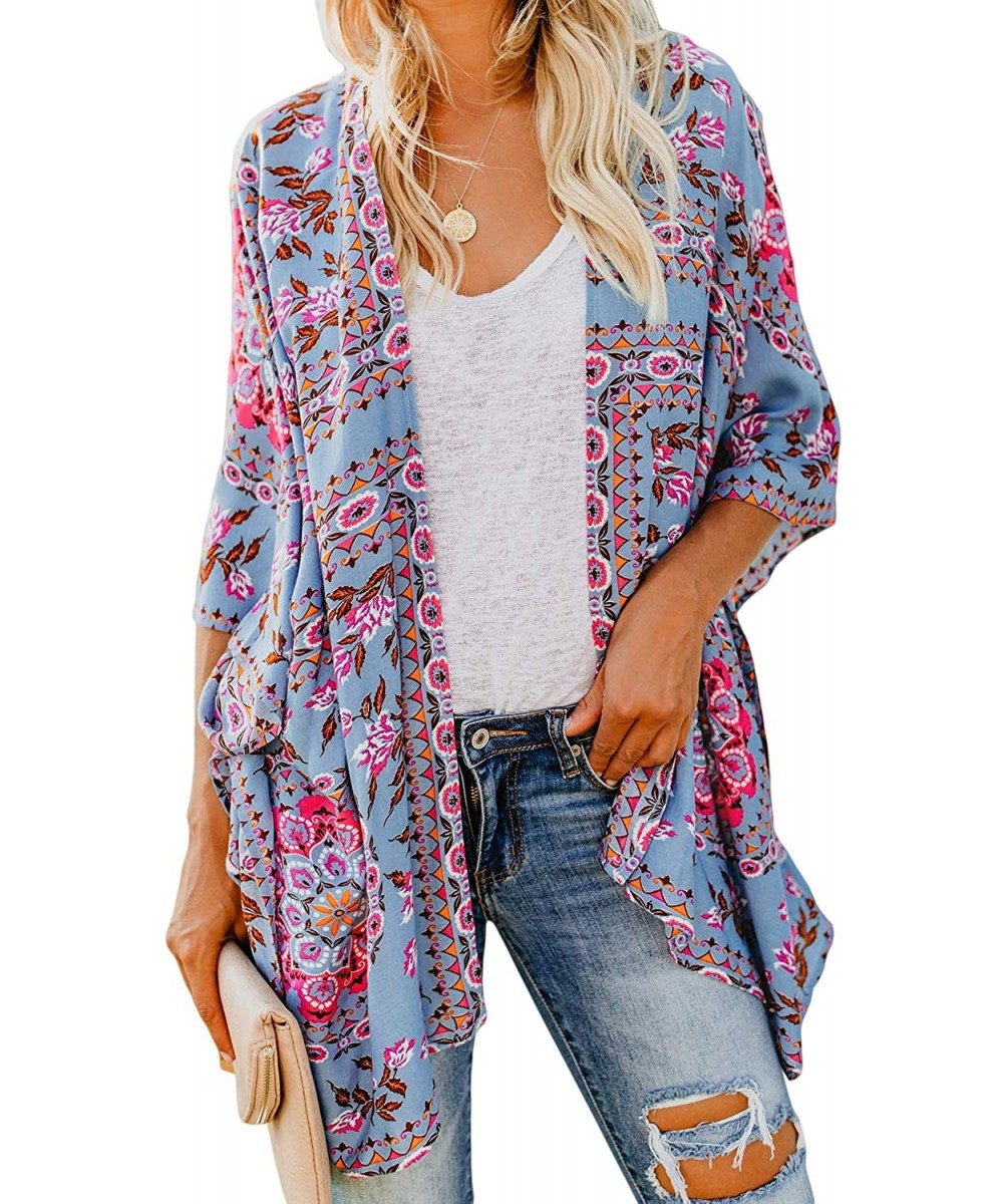 Womens Fashion Print Kimono Tassel Casual Cardigan Loose Cover up - X Blue - CN18TT4CKDX $20.06-Cover-Ups