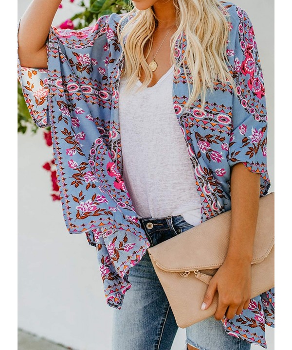 Womens Fashion Print Kimono Tassel Casual Cardigan Loose Cover up - X Blue - CN18TT4CKDX $20.06-Cover-Ups