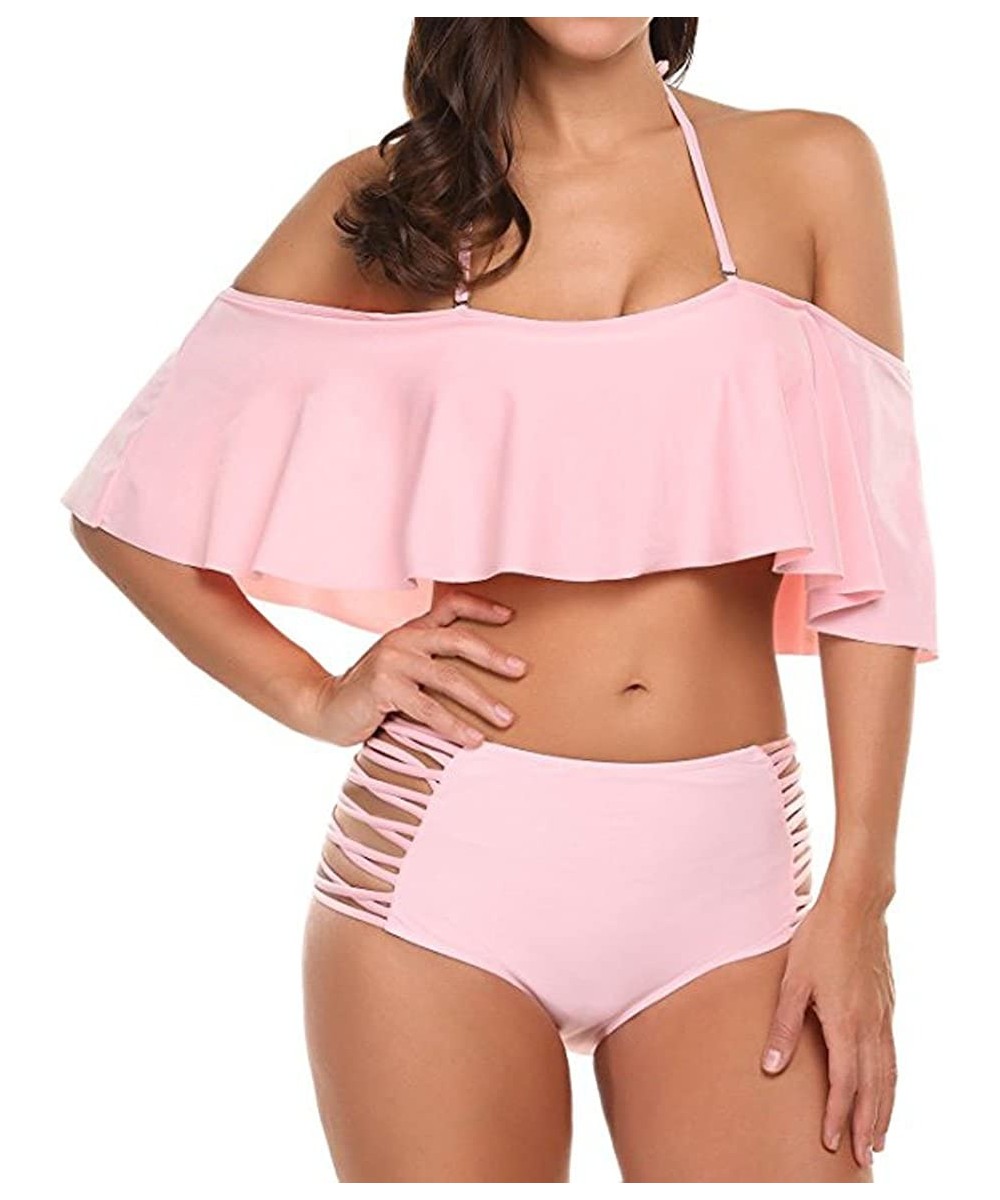 Women's 5 Colors Sexy Two Piece Off Shoulder Swimsuits High Waisted Bikini Set Swimwear Bathing Suit - Pink - CW17Z6SHX9D $22...