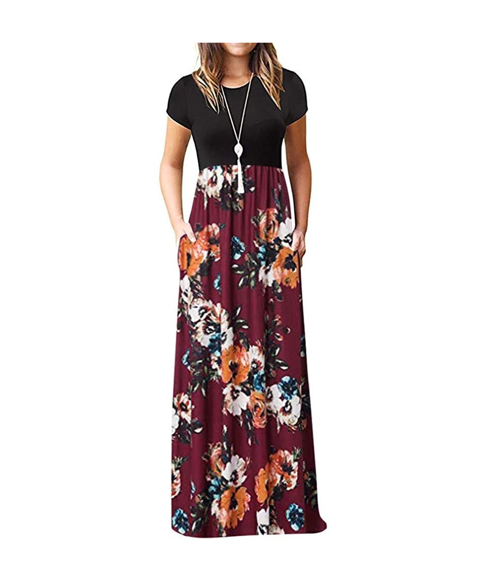 Dresses for Women Casual Fall-Elegant Maxi Dress Floral Printed Patchwork Long Sleeves Casual Tunic Long Maxi Dress - Z3-blac...