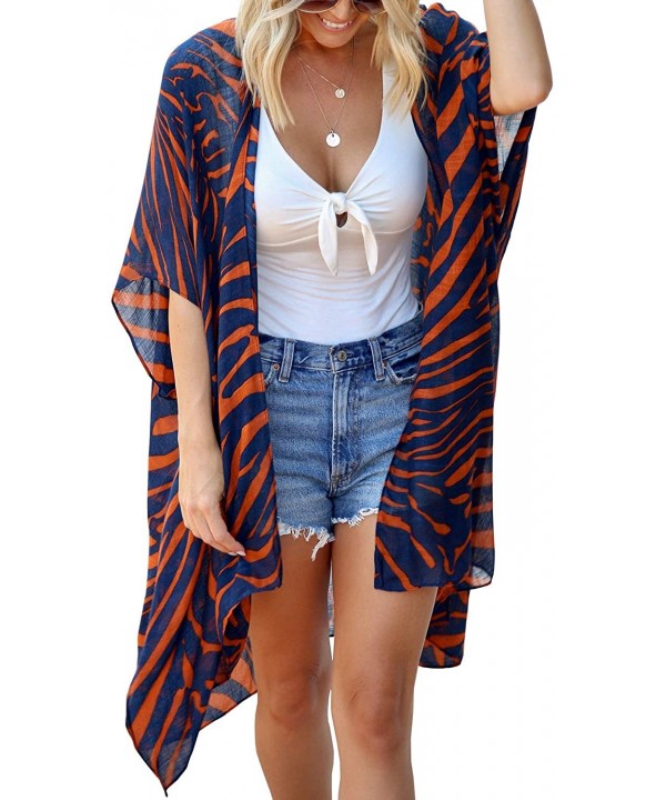 Women Casual Floral Loose Lightweight Cardigan Open Front Chiffon Kimono Cover Up - Cotton Orange Blue - CG193Y3AXQI $14.98-C...