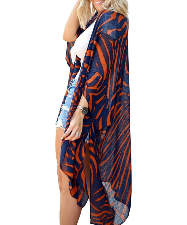 Women Casual Floral Loose Lightweight Cardigan Open Front Chiffon Kimono Cover Up - Cotton Orange Blue - CG193Y3AXQI $14.98-C...