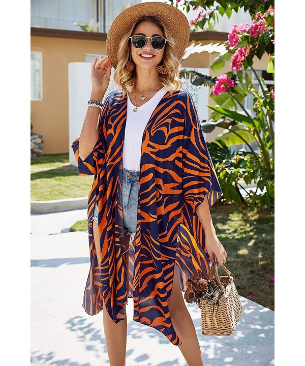 Women Casual Floral Loose Lightweight Cardigan Open Front Chiffon Kimono Cover Up - Cotton Orange Blue - CG193Y3AXQI $14.98-C...