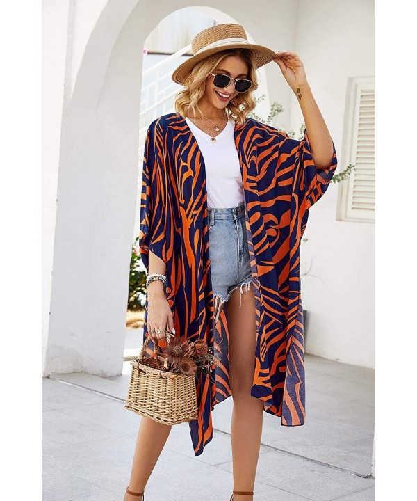 Women Casual Floral Loose Lightweight Cardigan Open Front Chiffon Kimono Cover Up - Cotton Orange Blue - CG193Y3AXQI $14.98-C...