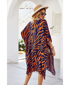 Women Casual Floral Loose Lightweight Cardigan Open Front Chiffon Kimono Cover Up - Cotton Orange Blue - CG193Y3AXQI $14.98-C...