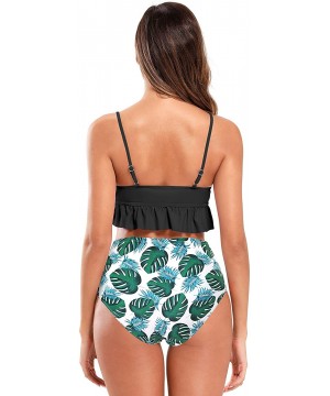 Women's V Neck Ruffle Bikini Ruched Printed High Waist Two Piece Swimsuits - Black - C618A62UWHQ $21.07-Sets