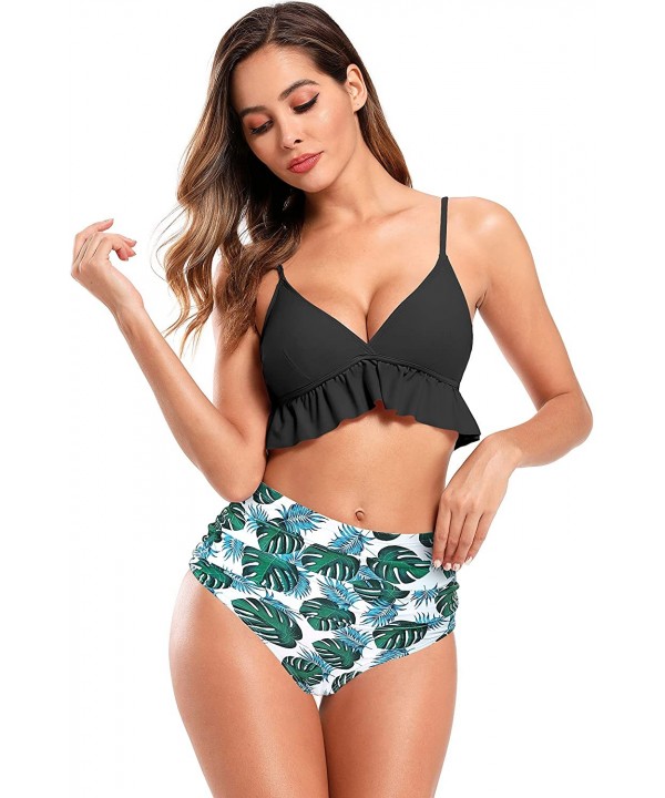 Women's V Neck Ruffle Bikini Ruched Printed High Waist Two Piece Swimsuits - Black - C618A62UWHQ $21.07-Sets