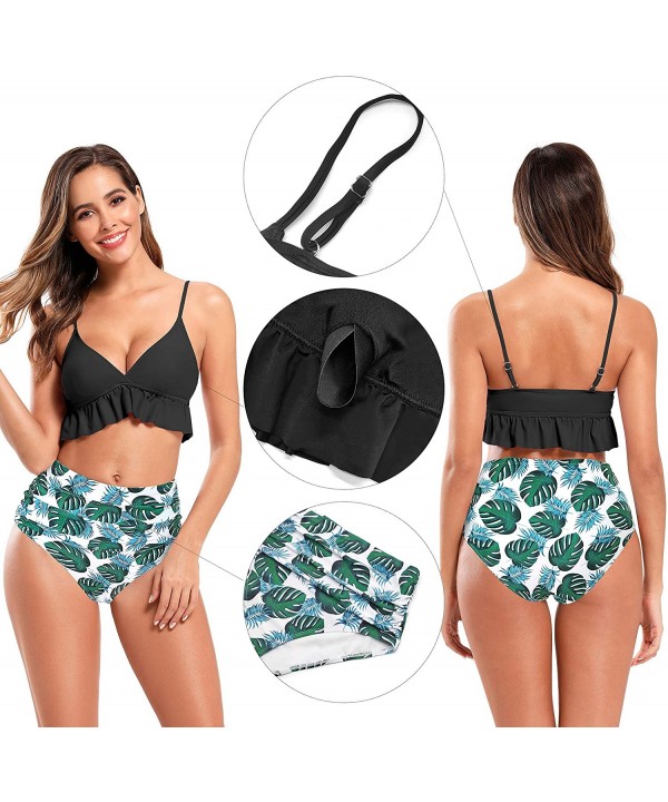 Women's V Neck Ruffle Bikini Ruched Printed High Waist Two Piece Swimsuits - Black - C618A62UWHQ $21.07-Sets